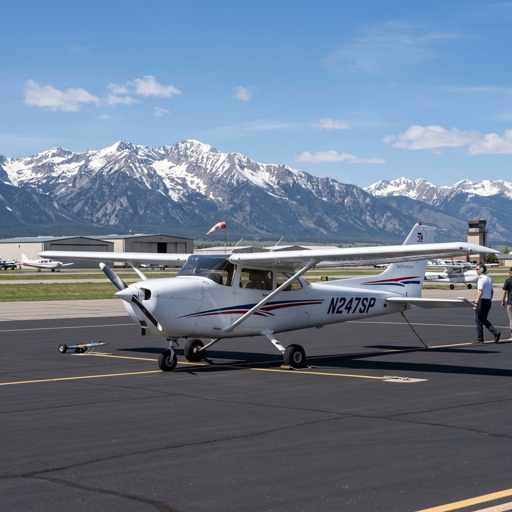 AeroTech Aviation’s Cessna 172 Skyhawk on the ramp below the snow-capped Wasatch Range