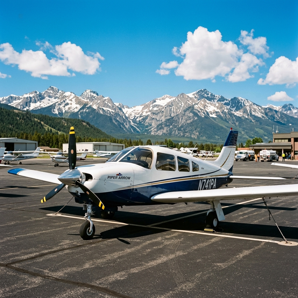 AeroTech Aviation’s Piper Arrow, the complex trainer for advanced ratings, on the ramp below the Wasatch Range